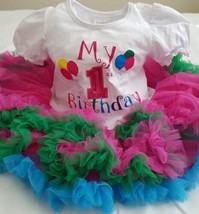 Girls 1st Birthday Outfit, Pink Green Blue Ruffle Tutu Dress Balloons Size Small - £11.29 GBP