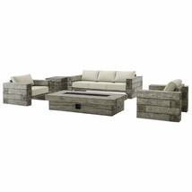 Rustic Railroad Ties Outdoor Patio Set Light Gray Beige Fire Table Sofa 2 Chairs - £3,171.85 GBP