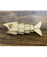 Vintage Hollycraft Articulated Fish Pendant Gold Tone Enamel White Green... - £77.89 GBP
