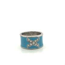 Vtg Sterling Sign 925 Inlay Blue Enamel X Criss Cross CZ Stone Wide Ring Band 8 - £58.40 GBP