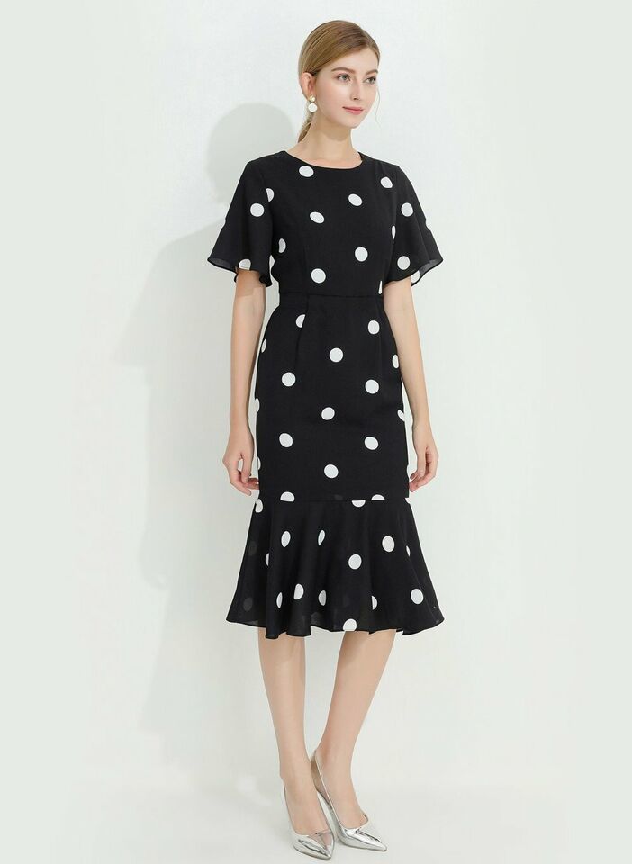 Women's Designer Polka Dot Print Flutter Sleeve Fishtail Midi Dress 6 8 AU STOCK Item image 3