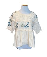 LISTICLE BEIGE BOHO RUFFLE FLORAL TIERED SHORT SLEEVE EMBROIDERED PEASANT BLOUSE