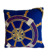 Blue &amp; Gold Ship Wheel Throw Pillow w Accent Rope Nautical Filigree 19&quot; ... - £56.82 GBP