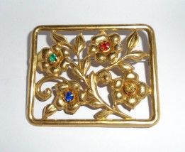 Vintage Rhinestone Brooch Pin Rectangle Art Nouveau Style 1950s - $9.90