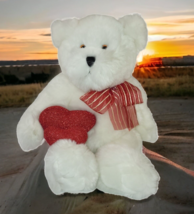 Chosun Plush White Teddy Bear Red Heart Striped Bow Stuffed Animal 14&quot; - £12.81 GBP