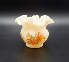 Fenton Hand Painted Yellow Daisy on Satin Custard Glass Rose Bowl Vase Ruffled - £19.97 GBP