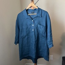 Lisa Bayne Teal 1/2 Button Back Lagenlook Linen Top Shirt Tunic Pocket L... - $44.54