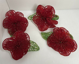 Lot of four Flower beaded napkin rings floral red micro beads Vintage ? - £14.93 GBP
