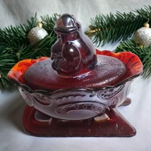 Ruby Red Carnival Glass Santa on Sleigh Covered Candy Nut Trinket Dish 5.25&quot; L - £27.29 GBP