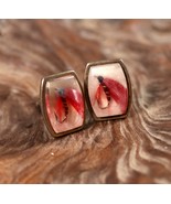 Vintage ANSON Fishing Cufflinks, Imbedded Real Fly Hooks Goldtone Mid-Ce... - $11.69