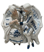 Porcelain Figurine Blue &amp; White British Couple on a Settee Gold Details - £30.07 GBP
