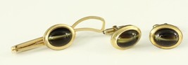 Vintage Mens Costume Jewelry CORRECT Glass Cat&#39;s Eye Tie Clasp &amp; Cuff Li... - £16.73 GBP
