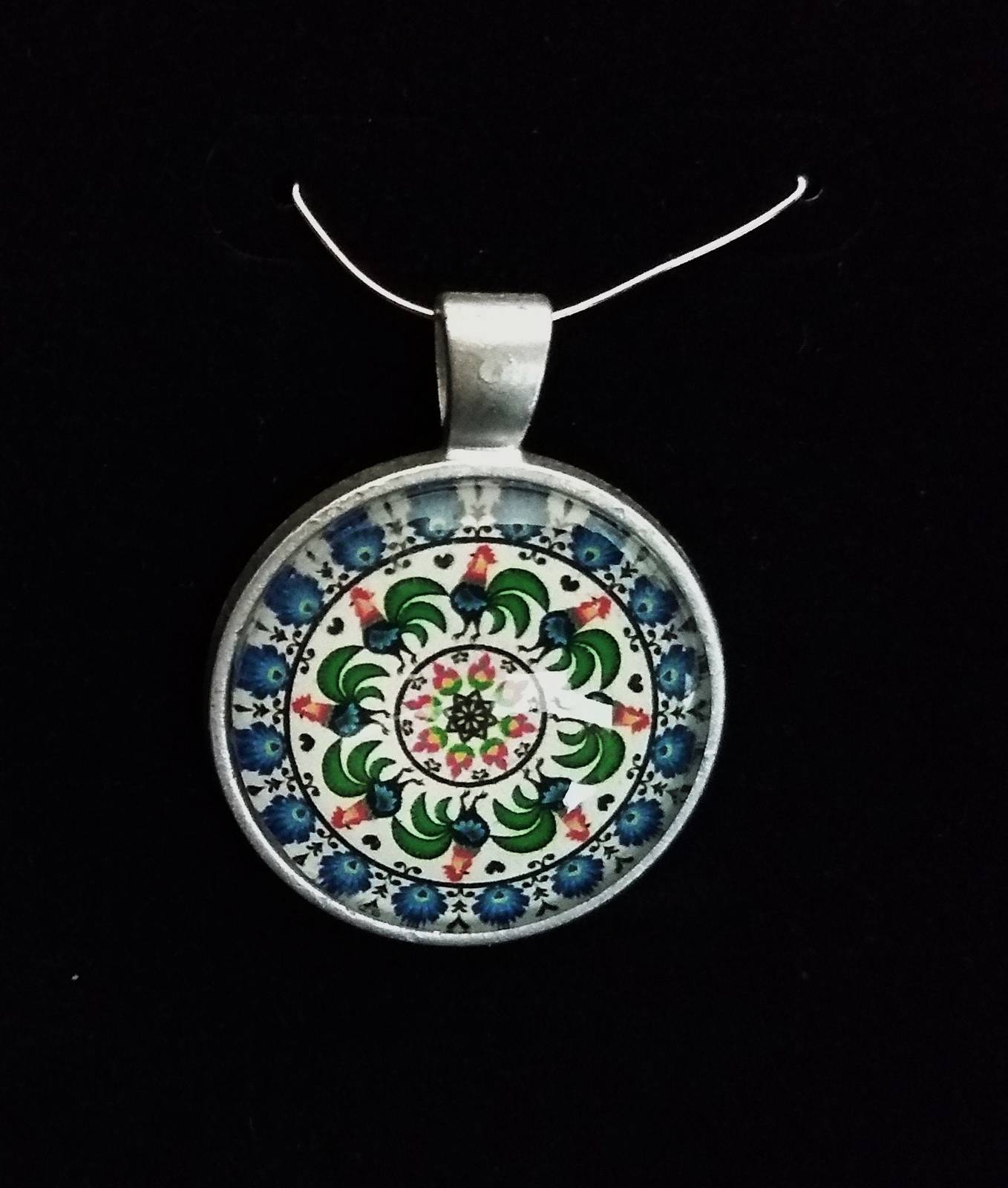 Design 25 Polish necklace Rooster Pendant w/ Glass Cabochon Silver color... - $4.29