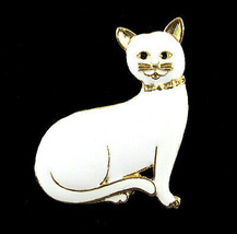 White Enamel Kitty Cat Pin Vintage Brooch Goldtone Feline Kitten Sleek 1 5/8&quot; - £14.94 GBP