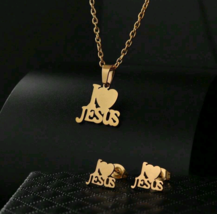 &quot;I (Heart) Love Jesus&quot; Necklace &amp; Earring Set Gold Color Stainless Steel... - $14.99