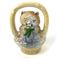 Vintage Kitty Cat in Basket FIGURINE Iridescent Lusterware Glaze Ceramic... - $26.68