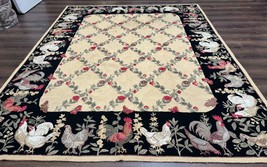 Vintage Hooked Rug 7x9, Rosters in Border, Roses and Butterflies - £1,383.61 GBP