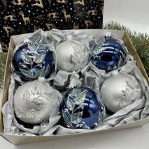 Set of blue and silver Christmas glass balls, hand painted ornaments with box - £41.87 GBP