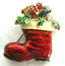 Christmas Enamel Brooch Pin Red Boot Stocking Vintage Colorful Rhinestones - £19.72 GBP