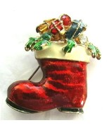 Christmas Enamel Brooch Pin Red Boot Stocking Vintage Colorful Rhinestones - £19.26 GBP