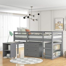 Twin Size Low Loft Bed With Rolling Portable Desk, Cabinet And Bookshelf Storage - £652.45 GBP