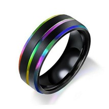 Rainbow and Black Ring Mens Womens Stainless Steel Promise Wedding Band Sz 6-13 - £13.53 GBP