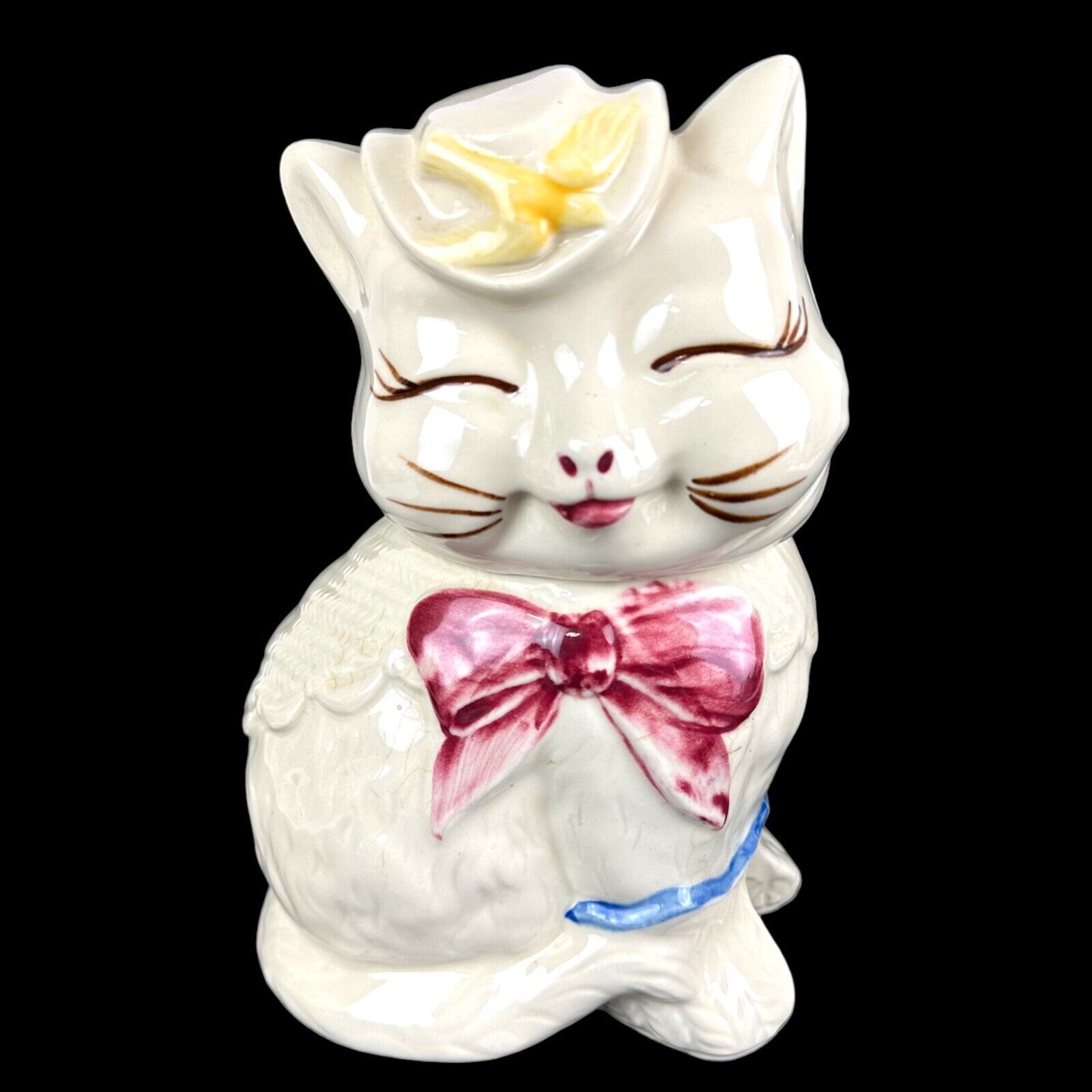 Vintage PUSS N BOOTS COOKIE JAR SHAWNEE Pottery Cat Kitten Bow Hat Made In USA - £51.37 GBP