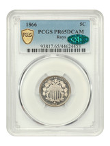 1866 5C PCGS/CAC PR65DCAM (Rays) - $11,712.75