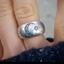 vintage blue zircon ring carved with sun and moon for women silver color size 8 - £16.96 GBP