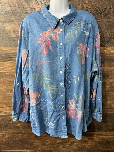 Koret Denim Floral Painted Shirt Women&#39;s Size 24 W Sequin Chambray Butto... - $16.15