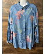 Koret Denim Floral Painted Shirt Women&#39;s Size 24 W Sequin Chambray Butto... - $22.08 CAD
