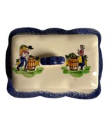 Vintage French Ceramic Butter Dish with Blue Trim Folk Countryside  - $67.53 CAD
