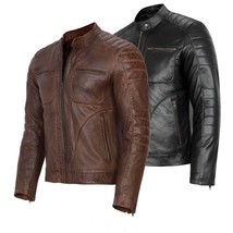 Mens Vintage Cafe Racer Genuine Leather Jacket Black Brown Slim Fit Biker Jacket - £125.76 GBP
