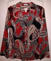 CHICOS Sz. 3 (XL) No Iron  Paisley Print Button Shirt Red/ Black Cotton  - £16.93 GBP