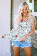 Leopard Floral Embroidery Square Neck Flutter Sleeve Blouse - £16.05 GBP