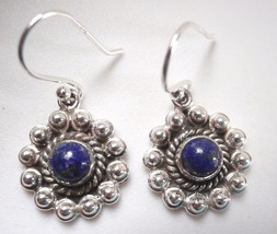 Round Lapis Lazuli Flower Style 925 Sterling Silver Dangle Earrings - £15.09 GBP