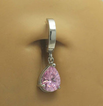 Surgical Steel 316L Classic Sleeper Navel Ring with Large Pink Pear CZ Drop Char - £38.37 GBP