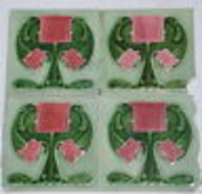 Art Nouveau ceramic lot of 4 coral pink  majolica tiles exquisite for fr... - $75.20