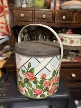 MCM Tin Storage Canister with Handle Pink Roses Trellis Large Oversize - £19.38 GBP