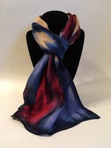 Hand Painted Silk Scarf Beet Red Blueberry Tan Ladies Oblong Hair Neck N... - £44.29 GBP