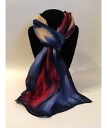 Hand Painted Silk Scarf Beet Red Blueberry Tan Ladies Oblong Hair Neck N... - £45.03 GBP