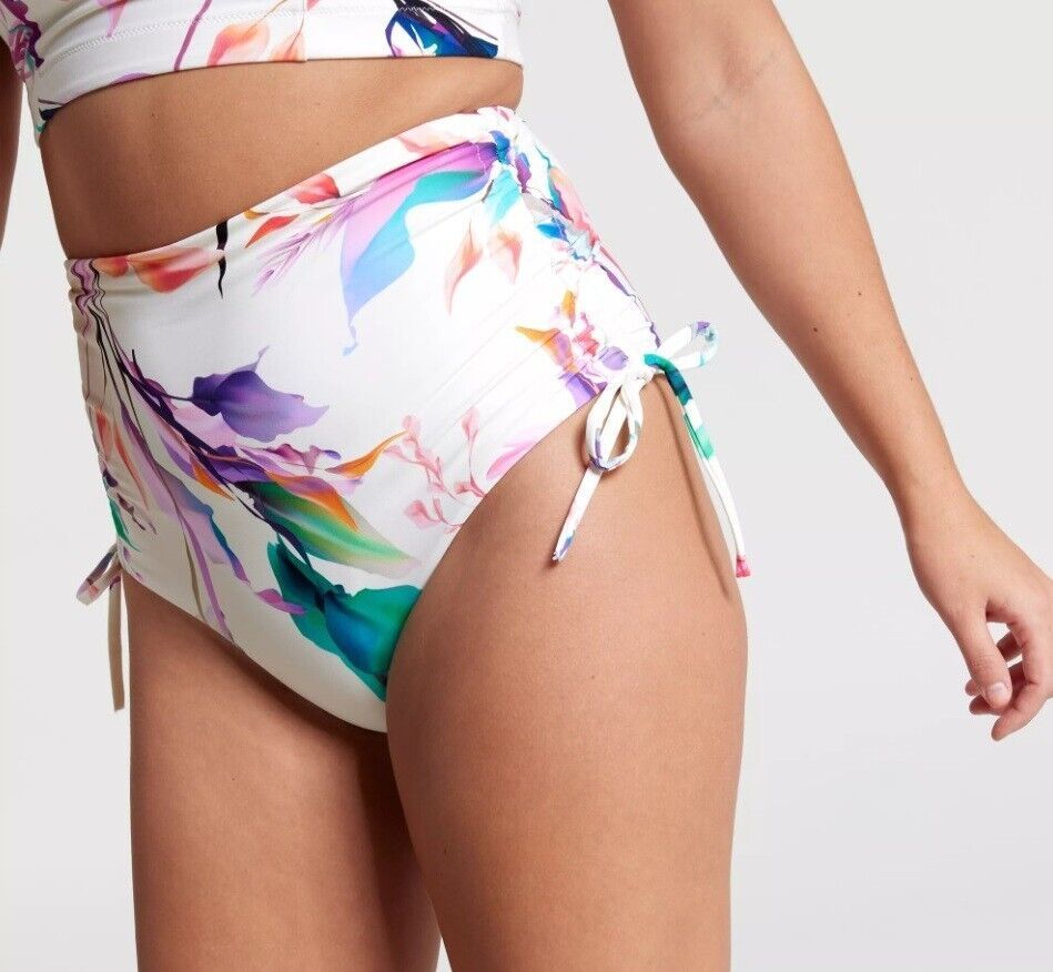 CALIA Women's High Waisted Ruched Side Tie Swim Bottoms Cream/Multi XS, S, L, XL