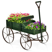 Wooden Garden Flower Planter Wagon Plant Bed W/ Wheel Garden Yard Green - £58.54 GBP