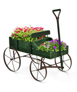 Wooden Garden Flower Planter Wagon Plant Bed W/ Wheel Garden Yard Green - £57.26 GBP
