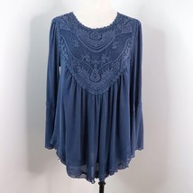 Indigo Thread Co Women&#39;s M Blue Sheer Mesh Stretch Boho Crochet Babydoll Blouse - £16.86 GBP