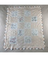 Vtg Hand Sewn Baby Quilt Embroidered Animals Pink White Girl Blanket 51”... - $74.37