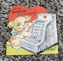 Vintage Valentines Day Card Dog Pup w Cash Register Let Me Register Your Heart - £3.94 GBP