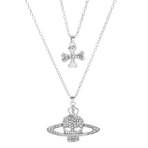 Korean Fashion Rhinestone Cross Saturn Womens Pendant Necklace Punk Female Men N - £13.47 GBP