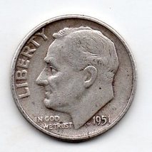 1951 Roosevelt Dime - 90% Silver - Circulated Moderate Wear - $9.99
