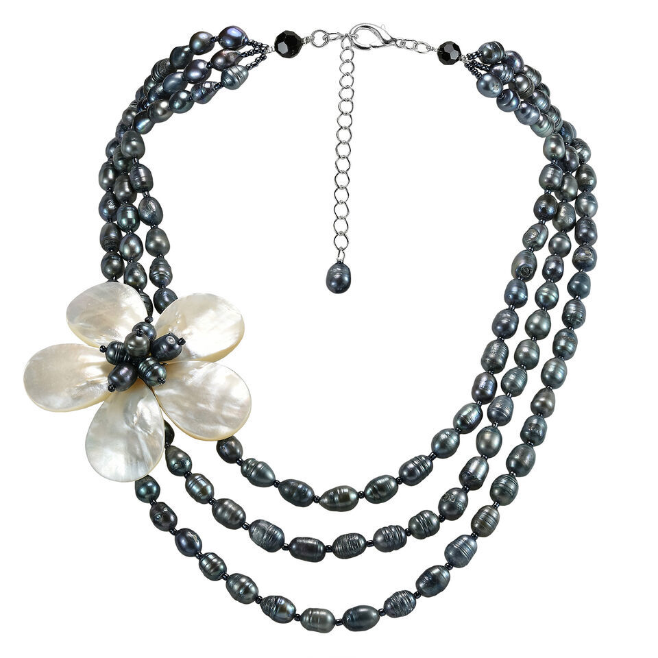 Glamarous Floral Shell on Triple Strand of Black Pearls Layered Necklace - £43.57 GBP